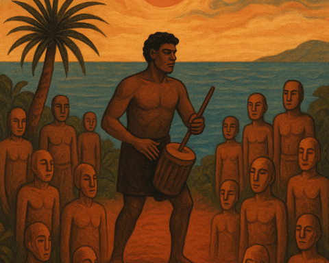 A parchment-style illustration of Qat, the Great Maker from Vanuatu legend, beating a drum to awaken wooden figures into life on a red earth shore, with a glowing orange sun above the ocean and a dracaena tree nearby.
