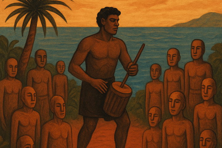 A parchment-style illustration of Qat, the Great Maker from Vanuatu legend, beating a drum to awaken wooden figures into life on a red earth shore, with a glowing orange sun above the ocean and a dracaena tree nearby.