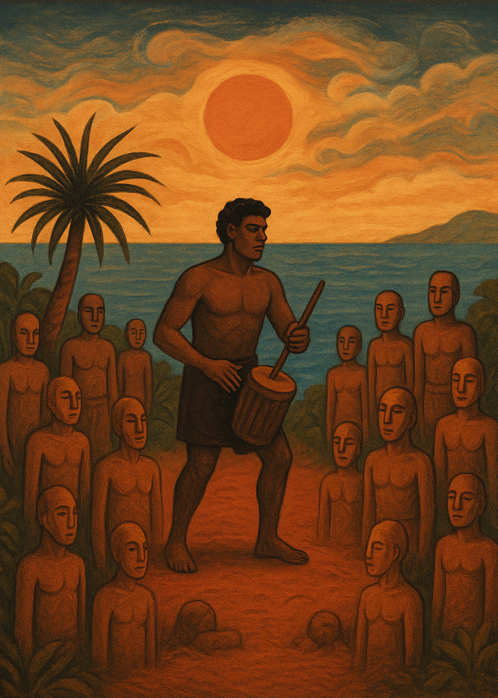 A parchment-style illustration of Qat, the Great Maker from Vanuatu legend, beating a drum to awaken wooden figures into life on a red earth shore, with a glowing orange sun above the ocean and a dracaena tree nearby.