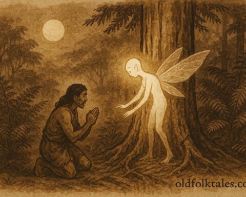 An illustration of Rata watching forest spirits restore a sacred tree, Māori folktale from New Zealand.