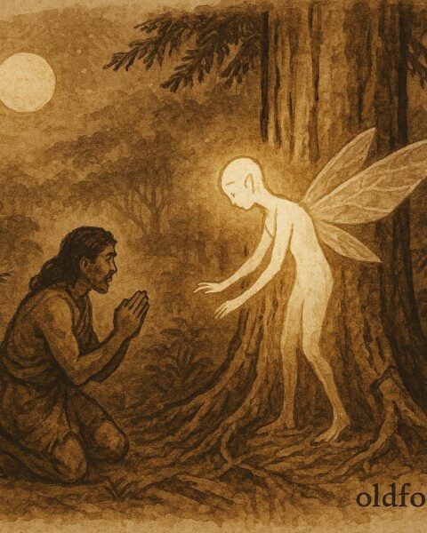 An illustration of Rata watching forest spirits restore a sacred tree, Māori folktale from New Zealand.