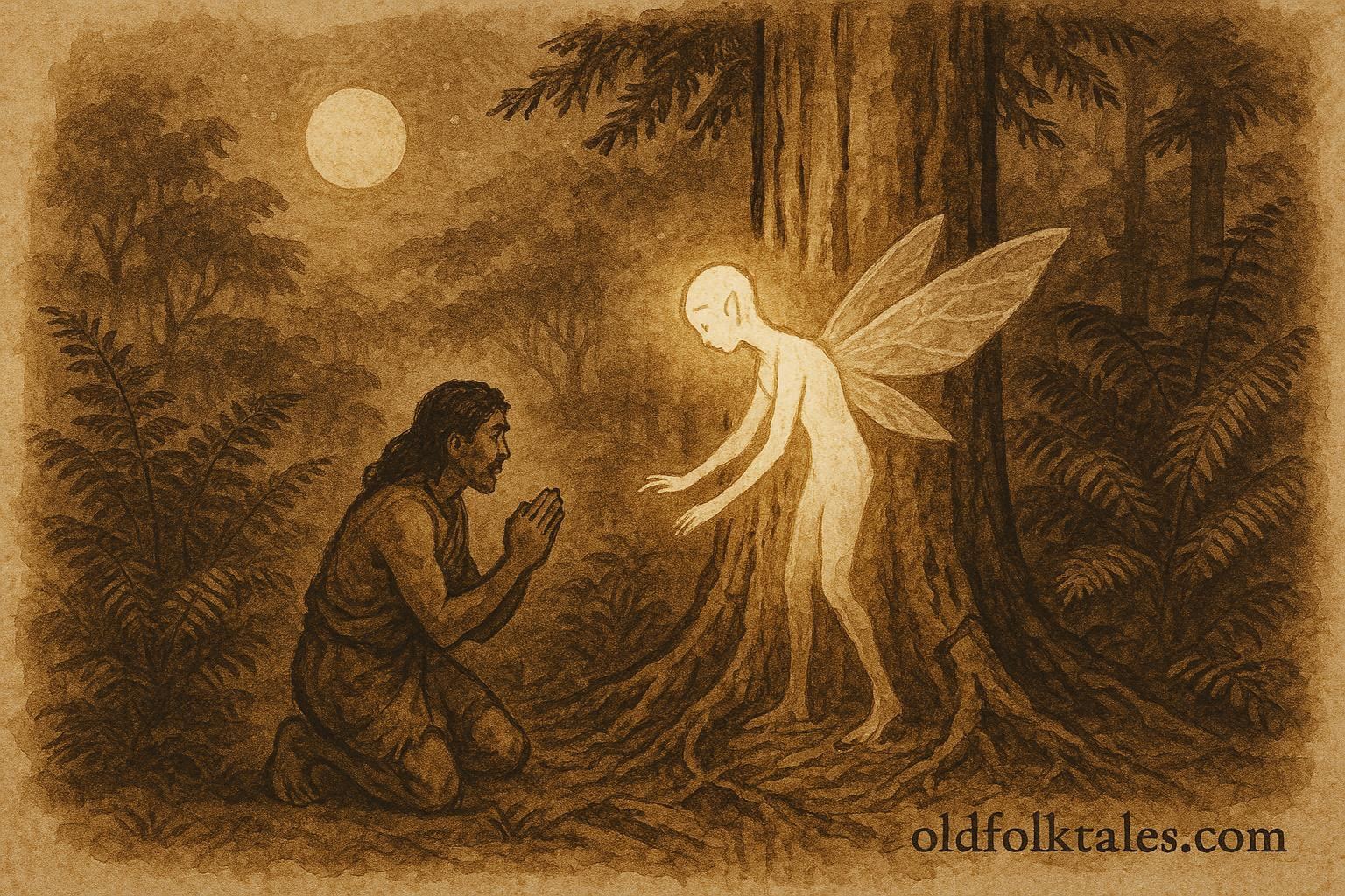 An illustration of Rata watching forest spirits restore a sacred tree, Māori folktale from New Zealand.