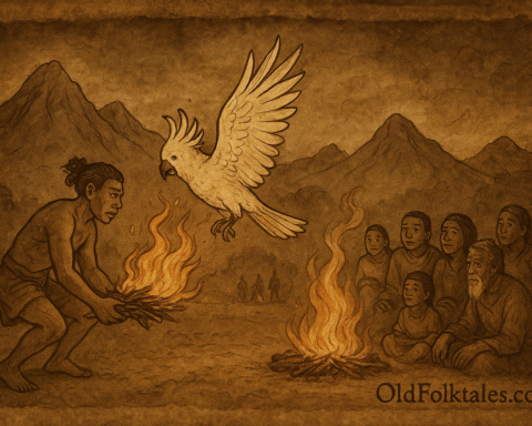 Parchment-style illustration of Sia and a white cockatoo delivering fire to the lowland people of Papua New Guinea, symbolizing the gift of flame and courage.