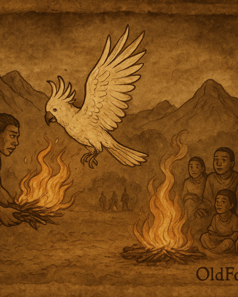 Parchment-style illustration of Sia and a white cockatoo delivering fire to the lowland people of Papua New Guinea, symbolizing the gift of flame and courage.