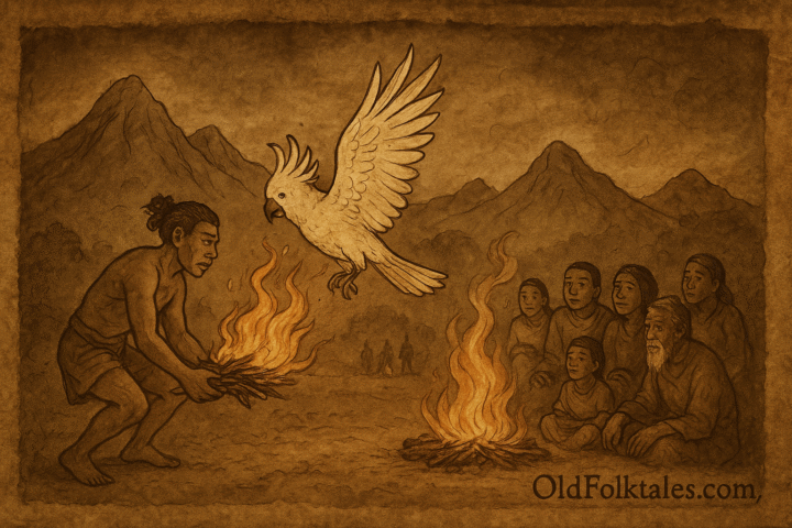Parchment-style illustration of Sia and a white cockatoo delivering fire to the lowland people of Papua New Guinea, symbolizing the gift of flame and courage.