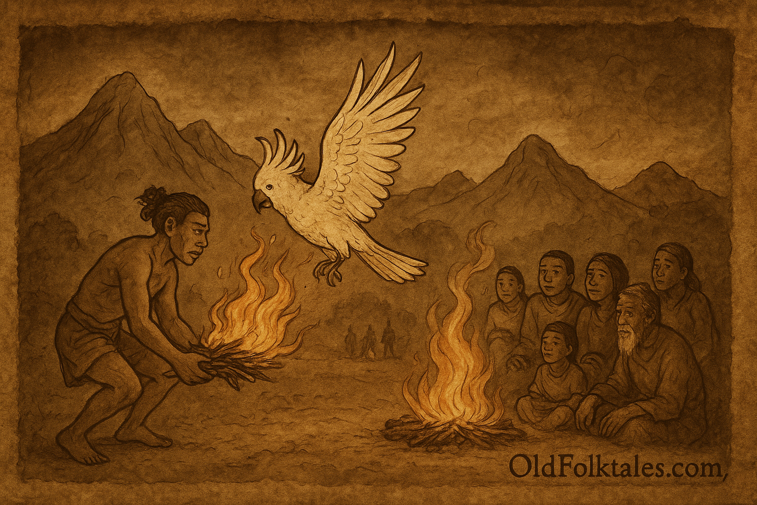 Parchment-style illustration of Sia and a white cockatoo delivering fire to the lowland people of Papua New Guinea, symbolizing the gift of flame and courage.