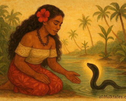Samoan maiden Sina beside a lagoon as the spirit-eel emerges, symbolizing the birth of the first coconut tree.