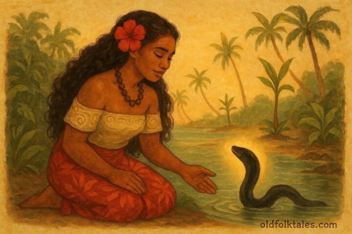Samoan maiden Sina beside a lagoon as the spirit-eel emerges, symbolizing the birth of the first coconut tree.
