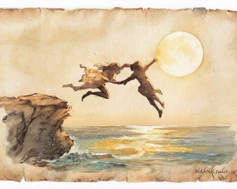 Two lovers leaping into the Palauan sea beneath moonlight