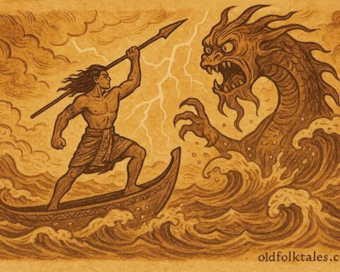 An illustration of Tafa‘i commanding winds against a sea demon, Tahitian myth scene.