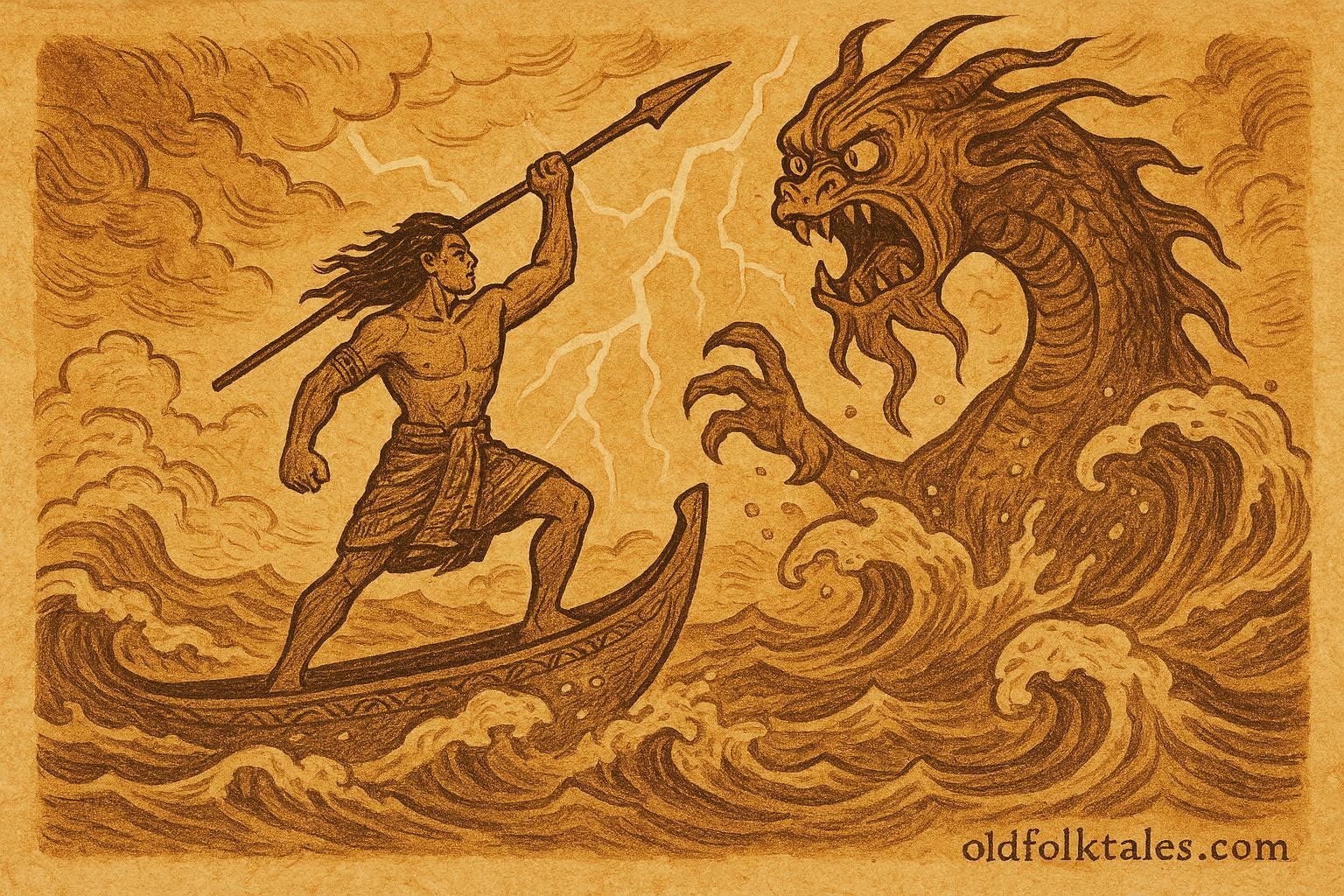 An illustration of Tafa‘i commanding winds against a sea demon, Tahitian myth scene.
