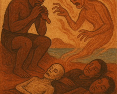 A parchment-style illustration of the Banks Islands legend “The Tale of the Talamaur,” showing a crouching man binding himself to a ghostly spirit rising above two sleeping villagers, rendered in earthy reds and browns against a coastal backdrop.