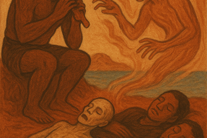 A parchment-style illustration of the Banks Islands legend “The Tale of the Talamaur,” showing a crouching man binding himself to a ghostly spirit rising above two sleeping villagers, rendered in earthy reds and browns against a coastal backdrop.