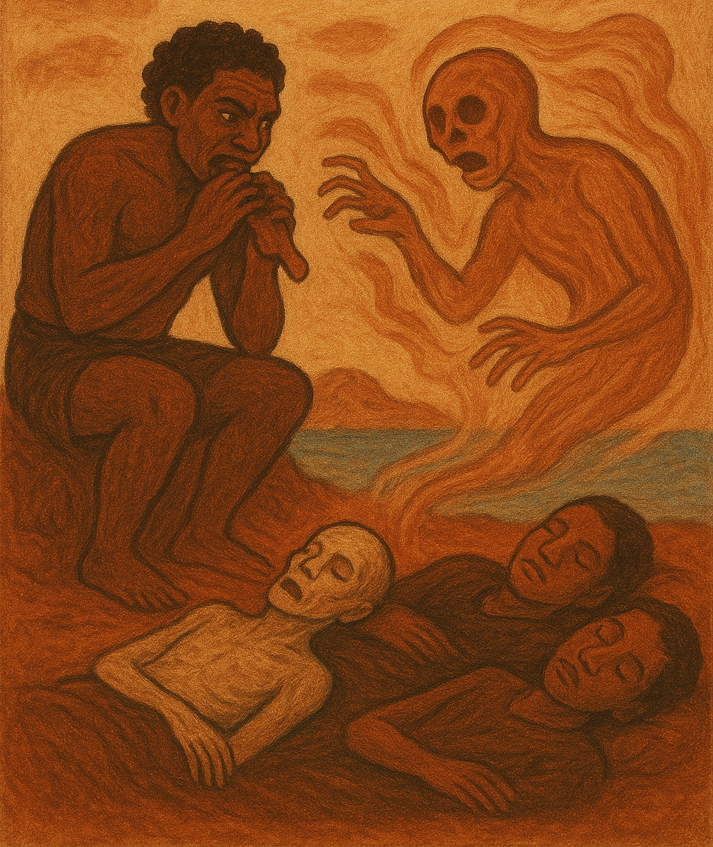 A parchment-style illustration of the Banks Islands legend “The Tale of the Talamaur,” showing a crouching man binding himself to a ghostly spirit rising above two sleeping villagers, rendered in earthy reds and browns against a coastal backdrop.