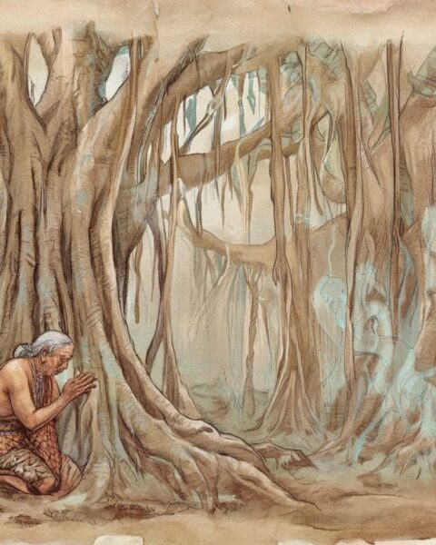 Ancestral spirits among banyan trees in a Chamorro legend from Guam.