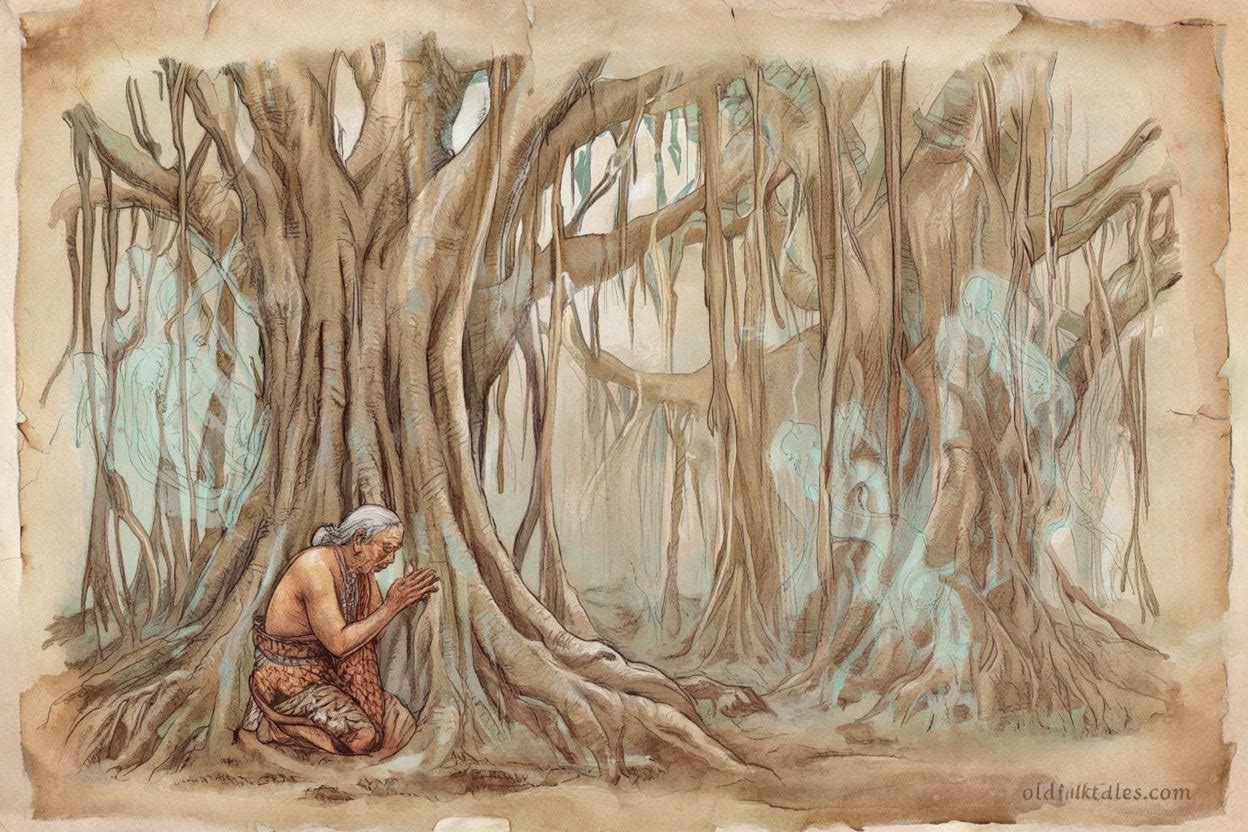 Ancestral spirits among banyan trees in a Chamorro legend from Guam.