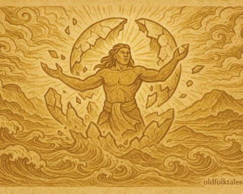 An illustration of Ta‘aroa breaking his shell to form sky and earth, Tahitian creation myth.