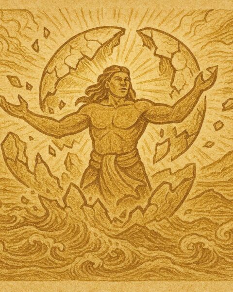 An illustration of Ta‘aroa breaking his shell to form sky and earth, Tahitian creation myth.