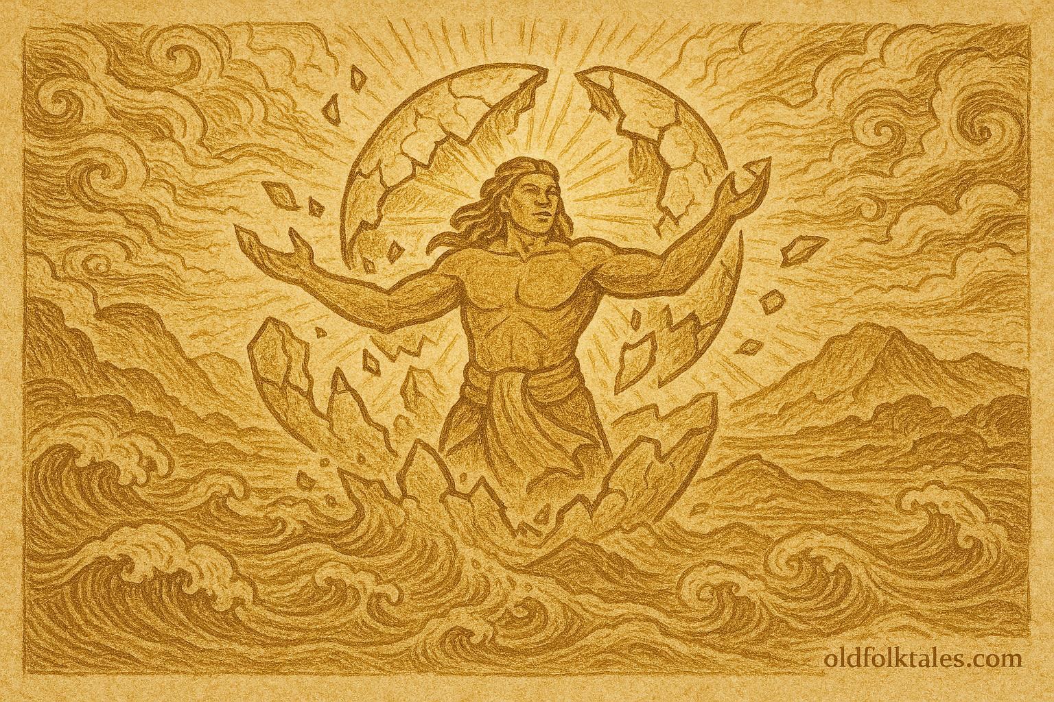 An illustration of Ta‘aroa breaking his shell to form sky and earth, Tahitian creation myth.