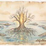 The sacred tree of life spreading islands across the sea Kiribati folktale scene.