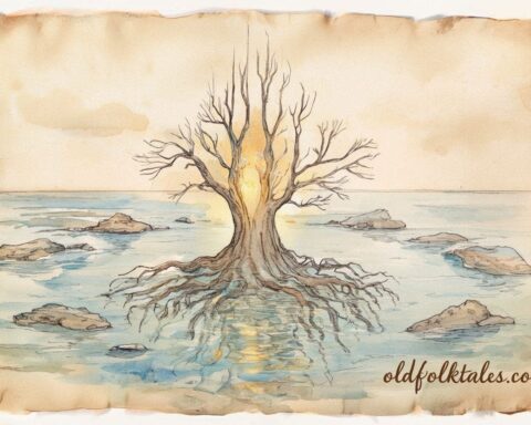 The sacred tree of life spreading islands across the sea Kiribati folktale scene.