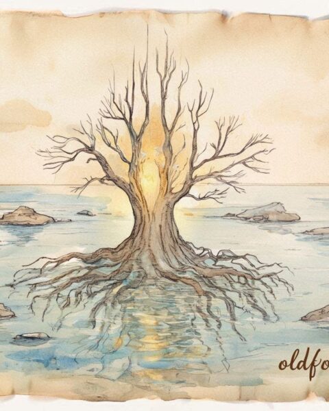 The sacred tree of life spreading islands across the sea Kiribati folktale scene.