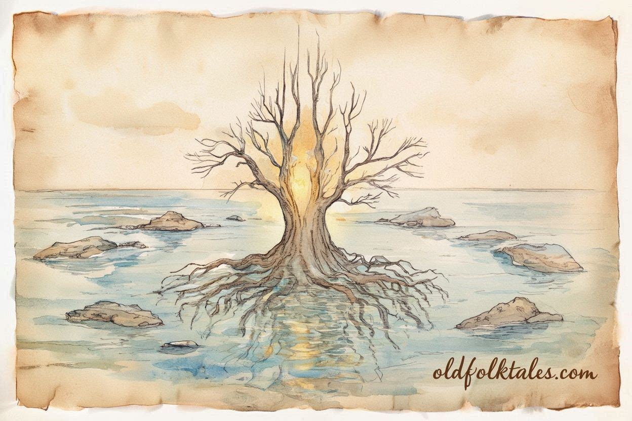 The sacred tree of life spreading islands across the sea Kiribati folktale scene.