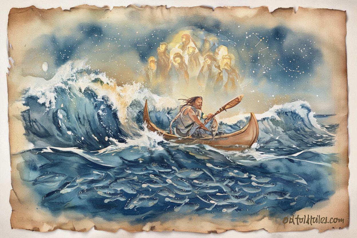 Kiribati hero Tereitaki sailing through stormy seas guided by ancestral spirits in a Micronesian folktale.