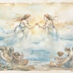 Land and sea spirits uniting over Kiribati islands, symbolizing balance and harmony in a Micronesian folktale.