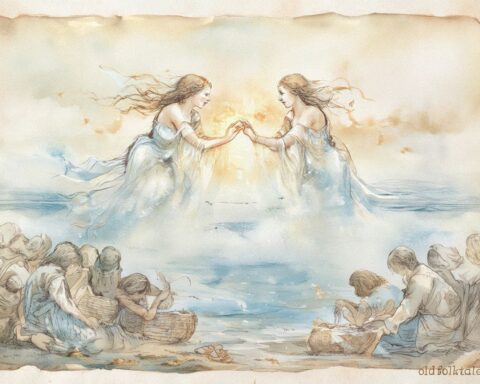 Land and sea spirits uniting over Kiribati islands, symbolizing balance and harmony in a Micronesian folktale.