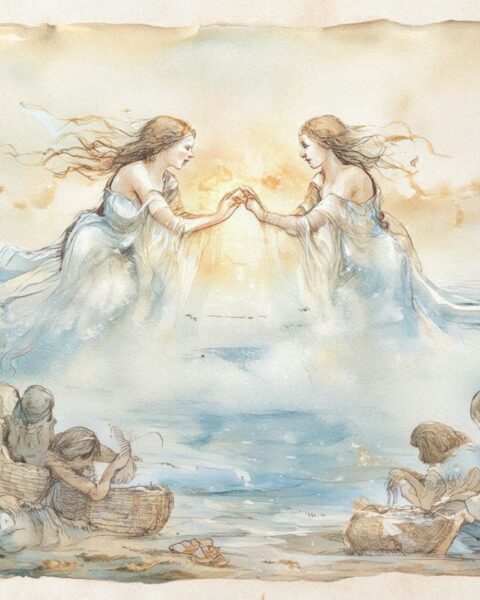 Land and sea spirits uniting over Kiribati islands, symbolizing balance and harmony in a Micronesian folktale.