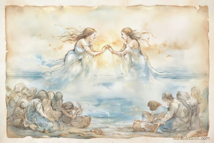 Land and sea spirits uniting over Kiribati islands, symbolizing balance and harmony in a Micronesian folktale.