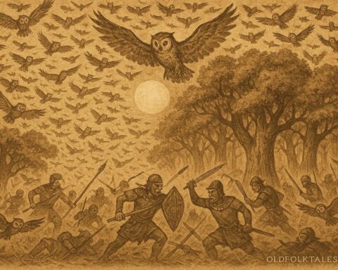 An illustration of owl army attacking chief’s warriors in a Hawaiian forest, Hawaiian folktale scene.