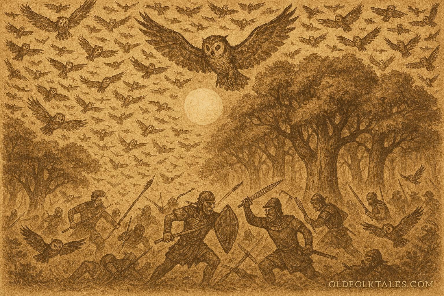 An illustration of owl army attacking chief’s warriors in a Hawaiian forest, Hawaiian folktale scene.