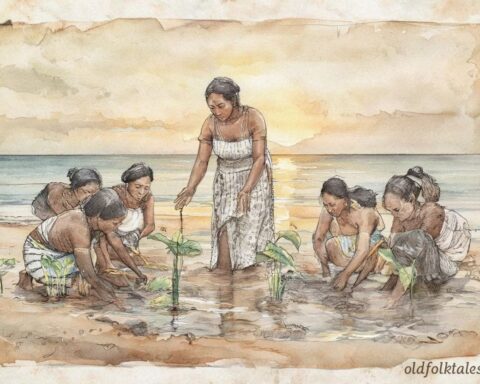 Goddess Meduu Ribtal teaching women to plant breadfruit and taro in Palau.