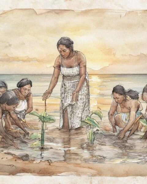 Goddess Meduu Ribtal teaching women to plant breadfruit and taro in Palau.