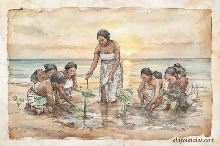 Goddess Meduu Ribtal teaching women to plant breadfruit and taro in Palau.