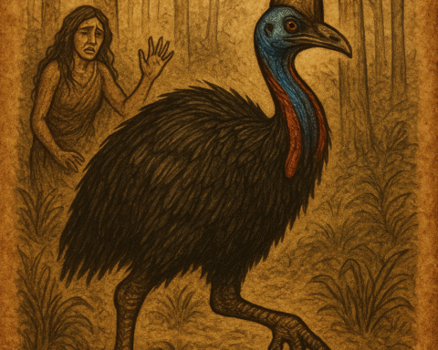 Parchment-style illustration of a woman transforming into a cassowary in the Sepik forest of Papua New Guinea, symbolizing strength born from sorrow and spiritual transformation.