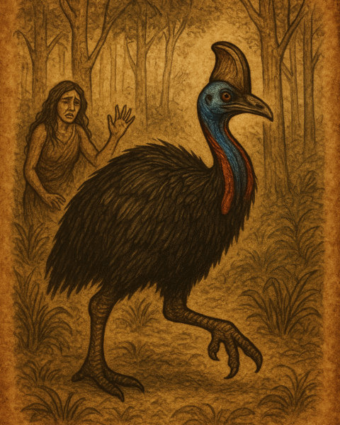 Parchment-style illustration of a woman transforming into a cassowary in the Sepik forest of Papua New Guinea, symbolizing strength born from sorrow and spiritual transformation.