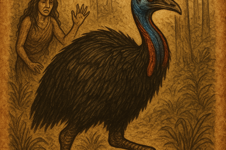 Parchment-style illustration of a woman transforming into a cassowary in the Sepik forest of Papua New Guinea, symbolizing strength born from sorrow and spiritual transformation.