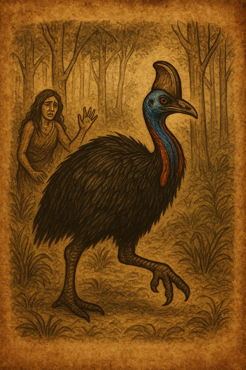 Parchment-style illustration of a woman transforming into a cassowary in the Sepik forest of Papua New Guinea, symbolizing strength born from sorrow and spiritual transformation.