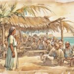 A wise Kiribati woman sharing wisdom with her village by the sea, inspired by The Clever Woman of Tarawa folktale.