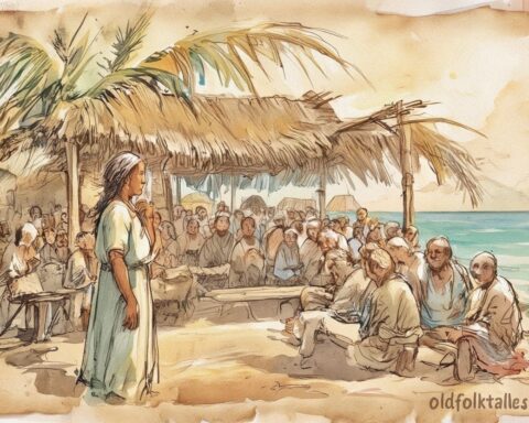A wise Kiribati woman sharing wisdom with her village by the sea, inspired by The Clever Woman of Tarawa folktale.