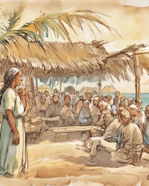 A wise Kiribati woman sharing wisdom with her village by the sea, inspired by The Clever Woman of Tarawa folktale.