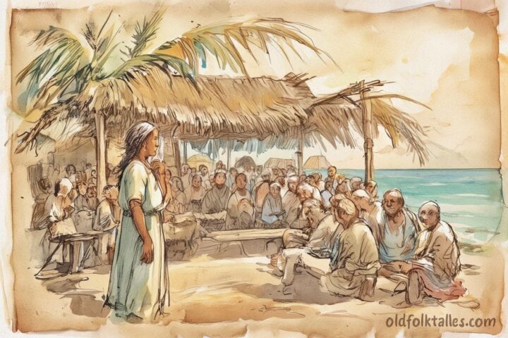 A wise Kiribati woman sharing wisdom with her village by the sea, inspired by The Clever Woman of Tarawa folktale.