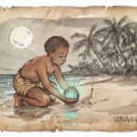 A young man planting the first coconut Marshall Islands folktale scene