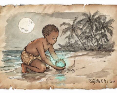 A young man planting the first coconut Marshall Islands folktale scene