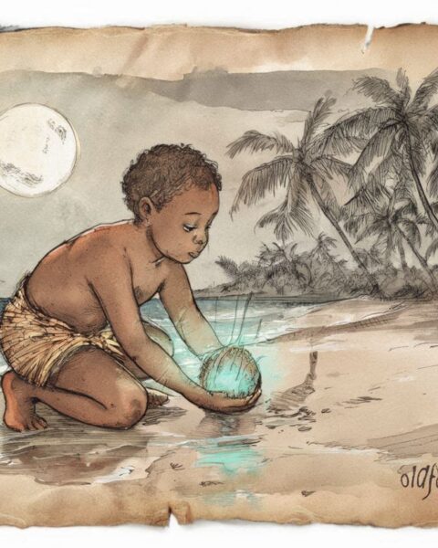A young man planting the first coconut Marshall Islands folktale scene