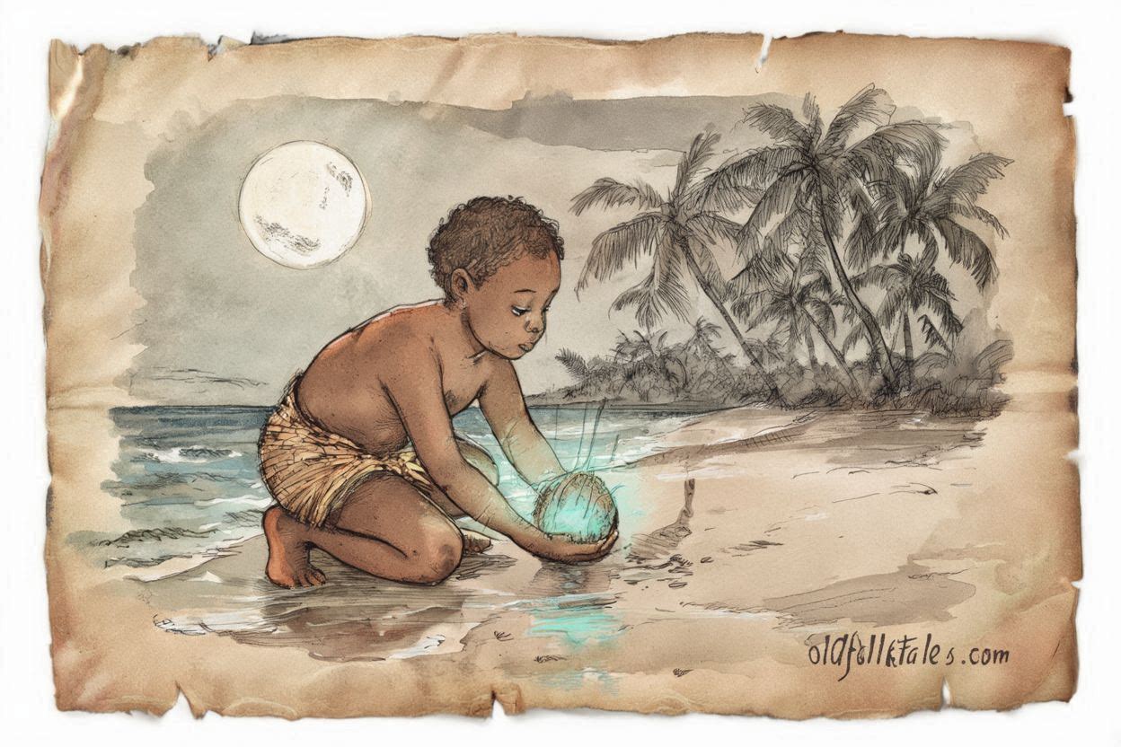 A young man planting the first coconut Marshall Islands folktale scene