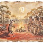 A possum and a lizard delivering different messages to humans under the moon, from the Aboriginal Dreamtime story “The Coming of Death.”